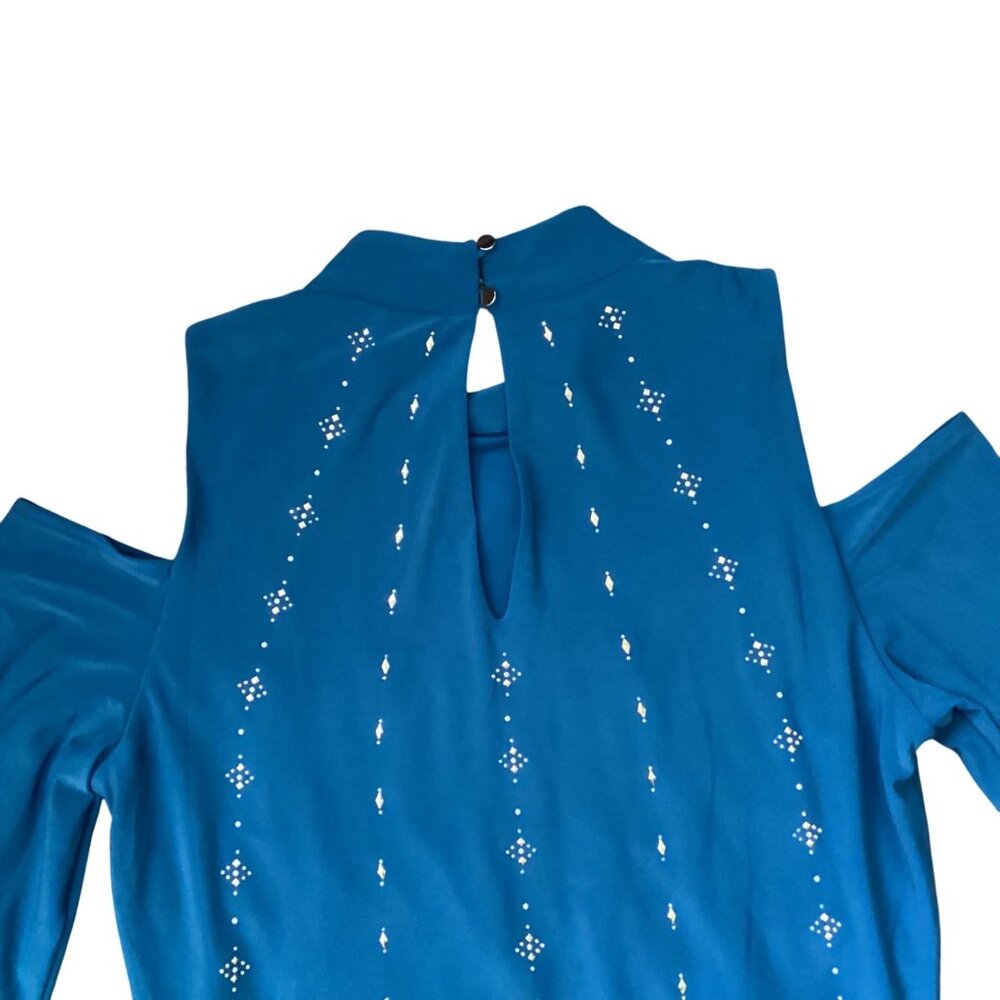 White House Black Market Teal Long-Sleeve Cold Shoulder Dress Rhinestones Size M - Picture 10 of 12